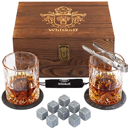 Whiskey Glass Set of 2 - Bourbon Whiskey Stones Gift Set For Men - Includes Crystal Whisky Rocks Glasses, Chilling Stones, Slate Coasters - Scotch Glasses in Wooden Box - Wisky Burbon Retirement Gifts