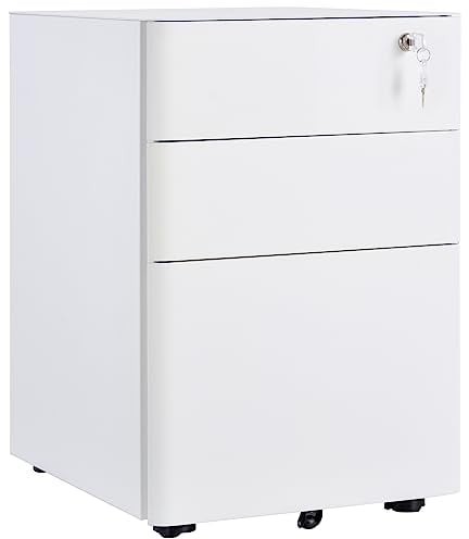 Vinsetto 3-Drawer Mobile Filing Cabinet, Steel Lockable File Cabinet for A4, Legal, Letter, Compact Under Desk Storage Unit with Pre-Assembled Body Except Wheels for Home Office, 39 x 48 x 59cm, White