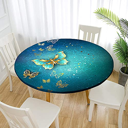 Tischdecke Abwaschbar Round 90cm, Morbuy Elastisch Outdoor Tischdecken Wasserabweisend Lotuseffekt Garten Tischtücher Grün Schmetterling Table Cloth, Ideal für 70cm-80cm