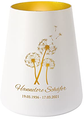 private grief Trauerlicht mit Gravur - Pusteblumen - Trauergeschenk mit Namen und Lebensdaten Weiss