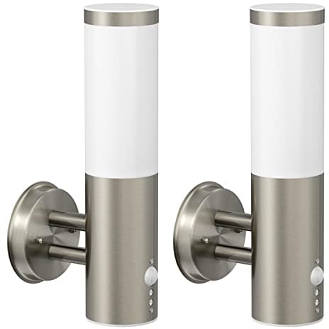 ledscom.de 2 Stück Wandleuchte PORU für außen, IP44, Bewegungsmelder, Edelstahl, edelstahl matt, rund, 1x E27 max. 15W