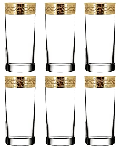 Highball Glasses Set of 6 with Gold Rim and Heavy Base/Tumbler Drinking Glasses Decorated with Unique Gold Ornament/Gift for Women, Men - 300ml (Classic Style)