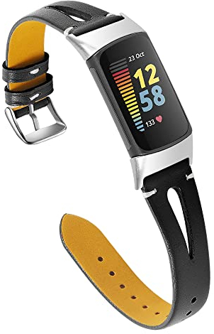 Gimuk Armband Kompatibel mit Fitbit Charge 5 Lederarmband Echtes Leder Verstellbares Ersatzarmband Band Sport Fitness Armband für Charge 5 Damen Herren, Small/Large, Leder, Ohne Edelstein (Schwarz)