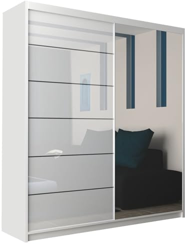 MN Furniture Amsterdem High Gloss and Mirror Sliding Double Door Wardrobe 150cm 180cm (White, 180cm)