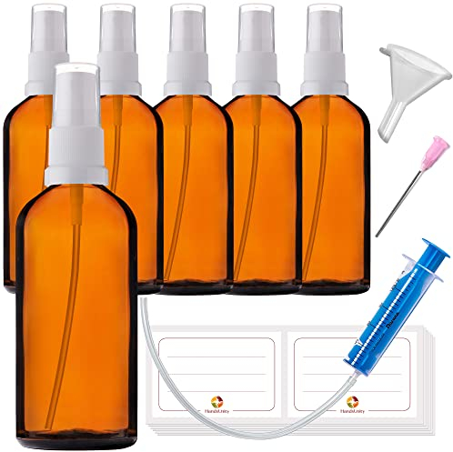 HandsUnity 100 ml-6 piezas de frasco pulverizador de vidrio - Frascos de vidrio ámbar de farmacia con botella de spray de vidrio atomizador blanco de vidrio marrón, incluyendo 17 accesorios