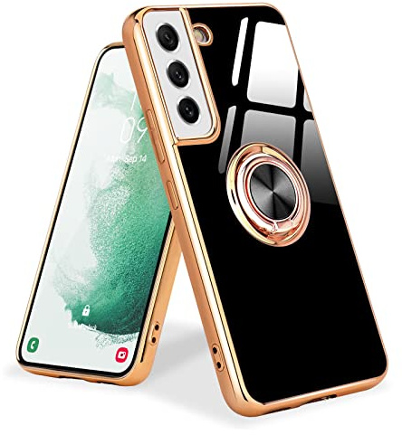 Urarssa Kompatibel mit Samsung Galaxy S22 5G Hülle Schwarz | Galvanik Glänzend Handyhülle Weiche Mode Case mit 360 Grad Ring Ständer Schutzhülle, Stoßfest
