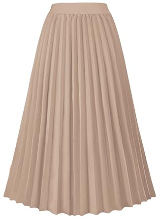 GOLDSTITCH Damkjol, hög midja, plisserad, A-linjeformad, svängd midikjol, Khaki, M