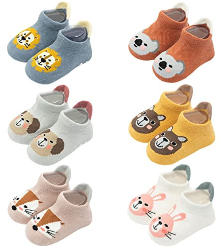 FedMois Calcetines Antideslizantes de Algodón para Bebé Niño Niña Pack de 6, Multicolor, 0-1 Años