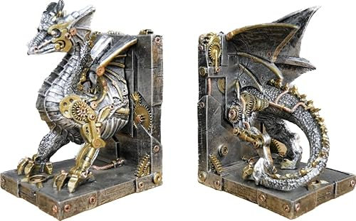Venture Vehicles 7435-2 Serre-livres mécanique style steampunk dragon gothique mythique fantaisie Doré/argenté