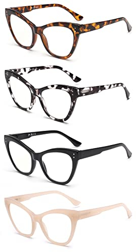 JM 4er-Pack Cateye-Lesebrille, Computerlesegerät mit Blaulichtblockierung für Damen und Herren, Federscharnier +1,5