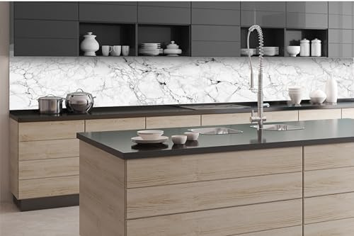 Kitchen Back Wall Film Self-Adhesive White Marble Structure 350 x 60 cm | Adhesive Film - Decorative Film - Splash Guard for Kitchen | Made in EU