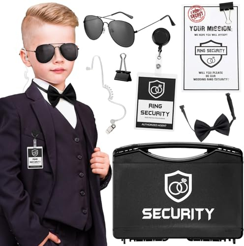 Mepase, 14-teiliges Sicherheitsset für Ringträger – enthält Ringträger-Koffer aus PP-Kunststoff, Ausweishalter, Sonnenbrille, Schallschlauch-Ohrhörer, Missionskarte mit Binderclip, Fliege für Kinder