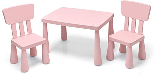 GYMAX Set Tavolino per Bambini con 2 Sedie di Plastica, Tavolino e Sedia per bambini, per Mangiare, Leggere, Dipingere, Adatto a 1-7 Anni (Rosa)
