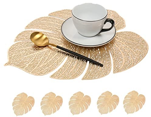QmjdDymx Table Placemats Sets Of 6 Gold Leaf Shaped Leaf Hollow Place Mats Exquisite Household Heat Resistant Table Mats - Wipeable Outdoor Placemats for Wedding Table Decoration-31x39cm