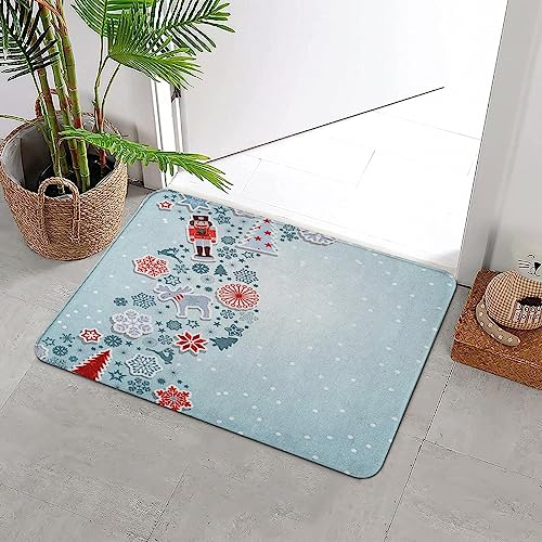 ERICAT Tappeto da Bagno Antiscivolo Igroscopicità,Blue Christmas Merry Elements Fiocchi di neve Renna Schiaccianoci Albero e Moosenutcracker,Tappettino per Soggiorno e Casa Moderna Lavabile 40X60CM