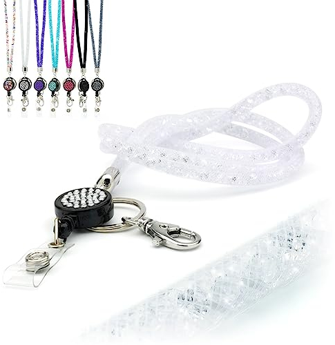 CKB LTD Klares, glitzerndes Umhängeband mit Strasssteinen, mit drehbarem Metallclip und glitzerndem einziehbarem Ausweishalter, 1 Stück