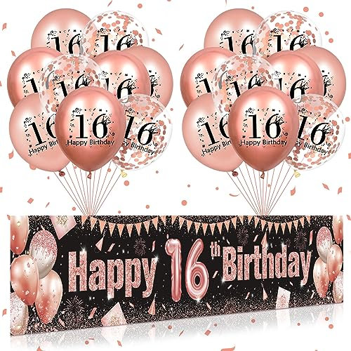 16th Birthday Decorations for Girls - Rose Gold and Black Yard Banner and 18 PCS Balloons for Anniversary Party Supplies - Indoor Outdoor Yard Decor