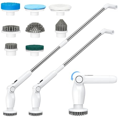 Coovee Cepillo Electrico Limpieza Hogar, 2024 Fregadora Giratoria EléCtrica con 8 Cabezales De Cepillo Intercambiables, 2 Velocidades De áNgulo Ajustable, Escalable A 130cm De Mango para BañO Cocina