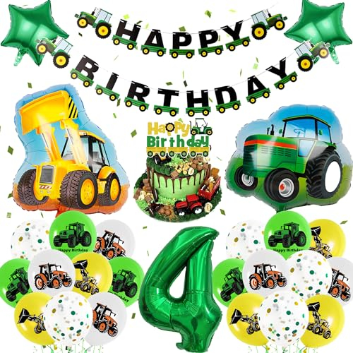 Aoyama Tractor Balloons 4th Birthday Decoration Boys，Tractor Party Supplies Include Banners，Number Balloons，Star Balloons，Latex Balloons，Tractor Balloons，Cake Topper，Suitable Tractor Party (ZTLJZS43)