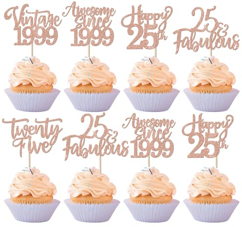 30 Stück Vintage 2000 Tortendeko Glitzer Happy 25th Twenty-five Awesome Since 2000 Cupcake Toppers 25 Fabulous Kuchen Deko für 25. Geburtstag Hochzeitstag Party Kuchen Dekorationen Rosegold