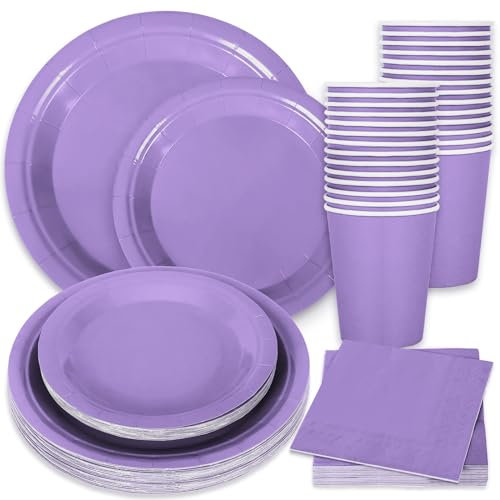 Whaline 100Pcs Lavender Tableware Set Graduation Light Purple Disposable Dinnerware Set 50Pcs Paper Plates 25Pcs Napkin 25Pcs Cups for School Wedding Birthday Bride Shower Party Supplies Table Decor
