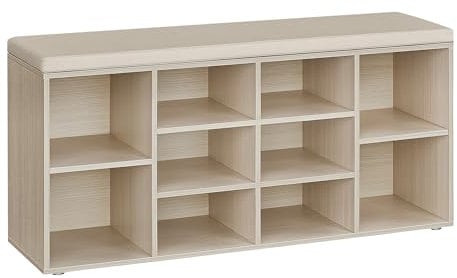 VASAGLE Banc à Chaussures, Banc de Rangement avec Coussin Rembourré, 10 Compartiments, Étagères Réglables, pour Salon, Couloir, 30 x 104 x 48 cm, Beige Naturel LHS010K03
