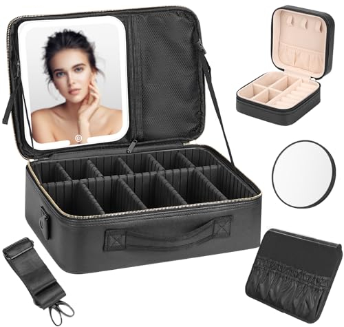 Kosmetiktasche Mit Spiegel Make Up Tasche: 37 * 26CM Kosmetikkoffer - Reise Kosmetiktasche Damen Schminktasche Mit Spiegel Und licht - Professionelle Schminkkoffer Mit Verstellbaren Trennwänden