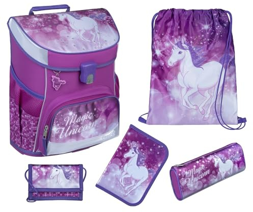 Familando Mädchen Schulranzen 1. Klasse · Scooli Campus Fit Schultasche · ergonomisch & leicht · Kinder Schulranzen Set für Mädchen (5-teilig mit Federmappe, Magic Unicorn Lila)