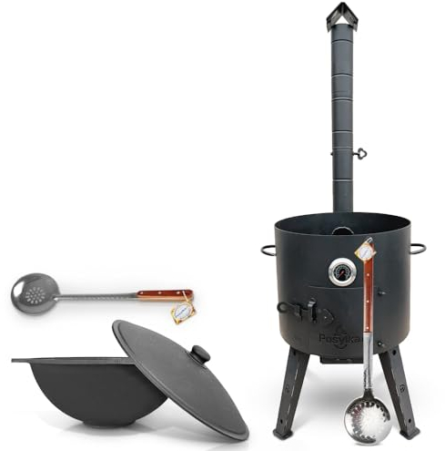 Utschak Feuerofen Ø 44 cm 2 mm Stahl mit Thermometer Usbekische Kazan 16 L flacher Boden Schaumlöffel 48 cm Schaumlöffel 64 cm Kazan Учаг Uchag казан Gusseisen Oven учак (Set 3)