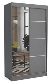 Brent - Kleiderschrank mit Spiegel Tom, 120cm Breit, Schlafzimmerschrank mit 1 Kleiderstange und Einlegeböden für Kleidung, Kleiderschrank Grau