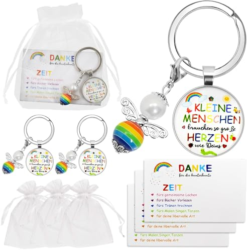 Abschiedsgeschenk Erzieherin 3 Sätze, Kleine Menschen Brauchen So Große Herzen Wie Deins, mit Schutzengel Schlüsselanhänger Erzieher und Danke Karte, Tagesmutter Kita Kindergarten Geschenk