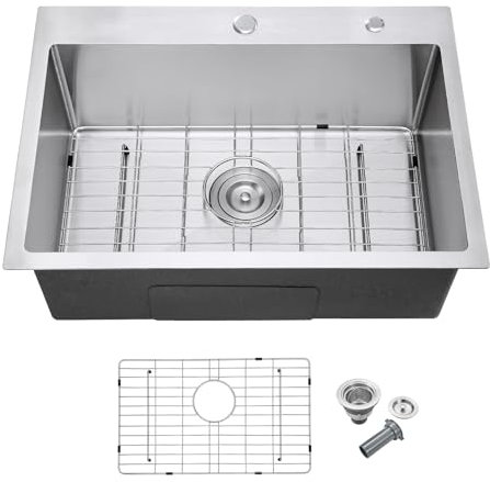 MENATT - Fregadero de cocina de 27 pulgadas, fregadero de cocina de acero inoxidable calibre 18, 2 agujeros, fregadero de cocina con colador de drenaje y rejilla, cepillado