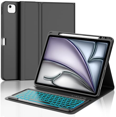 IVEOPPE Clavier iPad Air 13 Pouces (M2 2024/M3 2025), rétroéclairé 7 Couleurs AZERTY Français Keyboard Coque, Étui Clavier Détachable sans Fil Bluetooth pour iPad Air 13 Pouces M2 2024/M3 2025, Noir