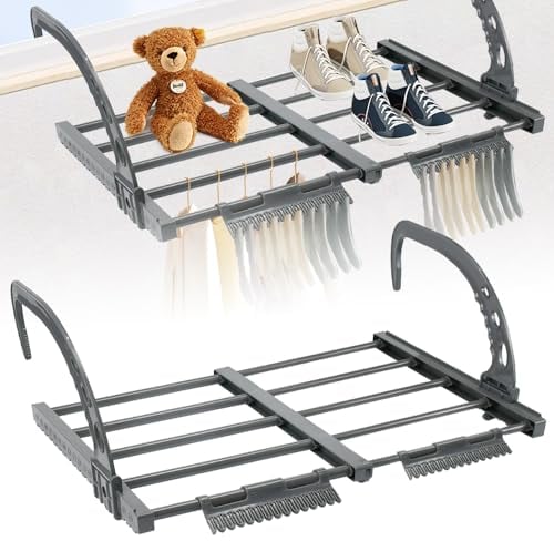 LPAMABA Tendedero Balcón Barandilla Extensible 32-55cm, Tendedero de Radiador Plegable Tendedero de Ropa Plegable Extensible de Acero Inoxidable Colgadores de Ropa para Secar Calcetines Ropa Zapatos