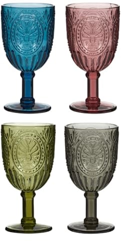 Wine Glasses Set of 4 Embossed Vintage Style Wine Goblet Glassware Set Dishwasher Safe Wine Glass Set Colourful Footed Chalice Tumblers Alfresco Dining Glassware