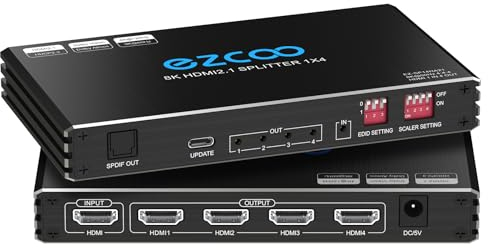 8K@60Hz 4K@120Hz HDMI 2.1 Splitter 1X4 Audio Extractor VRR ALLM HDCP2.3 HDR10 Optical SPDIF5.1 EDID Scaler 4K to 1080P HDCP Bypass Atmos Vision Dual Monitors for PS5 Xbox Soundbar Capture Card