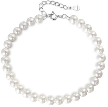 Candyfancy Perlenarmband Damen Weiße Runde Simulierte Perlen 16+3cm Verstellbare Lange Perlen Armband für Damen Frauen Geschenke, Perlen 5mm