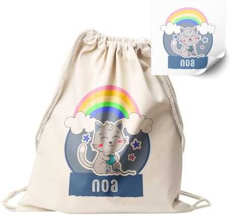 DEREGALOOS Mochila Personalizada Algodón Diseño Infantil | Bolso Saco con Cuerdas | Regalos Originales Vuelta al cole | Regalos para Niños y Niñas | Hecho en España (Gato)