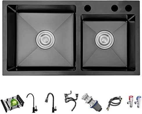 JXDWTL Fregadero de Cocina de Dos Senos, Fregadero de Cocina de Acero Inoxidable 304, Fregadero de Cocina de Dos Senos de Montaje Superior con grifos extraíbles y grifos de Agua Limpia