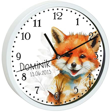 CreaDesign, Wanduhr Kinder personalisiert mit Name, Motiv Wanduhr mit schwarzen Rahmen Fuchs, Rahmen Wanduhr schwarz, Ø 19,5 cm