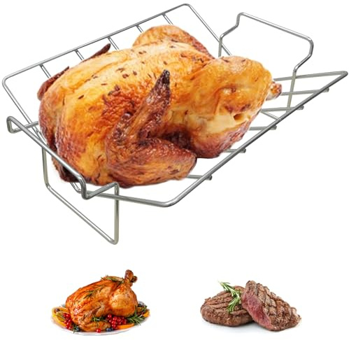Mikim Stainless Steel Roast Rack for Grilling and Smoking, BBQ Rib Rack Chicken Turkey Roasting Rack, Dual Purpose Extra Large Fit for Big Green Egg and Kamado Joe Etc