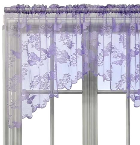 MOHUIED Gardinen kurz Kurzer Volant-Vorhang mit besticktem Schmetterling im Landhausstil for die Küche, kleines Fenster, halbe Gardinenstange, Tasche Oben(Purple)