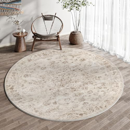 HUGEAR Vintage Beige Waschbarer Teppich Rund 150cm Runder Wohnzimmer Schlafzimmer Rutschfester Tepich Kurzflor Schlafzimmer Carpet Living Room Bedroom Esszimmer Teppiche Büro