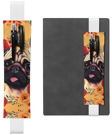 LHCVSFGW Elastischer Stifthalter für Notizbuch, Lesezeichen, PU-Leder, Stifthalter mit verstellbarem Band, Stifteetui, Mops, Blume, Federmäppchen für Planer, Ordner, Bücher, weiß, Einheitsgröße