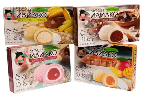 JAPON MARKET Pack 4 Mochis Japoneses: Mango, Fresa, Chocolate y Plátano y Chocolate Negro - Dulce Asiático, Postre Exótico - 180g - Caja de Chuches Japonesas