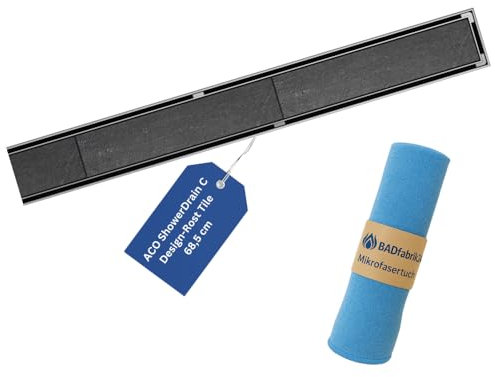 BADfabrik24 ACO ShowerDrain C Design-Rost Tile 68,5 cm – befliesbarer Edelstahl-Duschrost für Rinnenkörper – Art.-Nr. 9010.89.82, inkl. Mikrofasertuch 40×40 cm