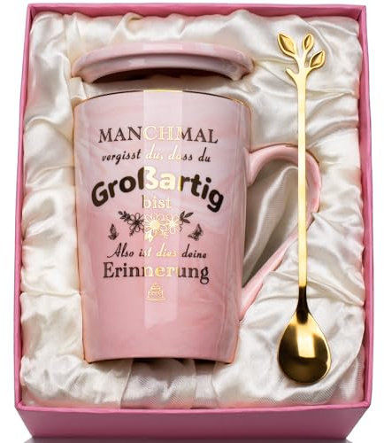 Geschenke für Frauen, Geburtstagsgeschenk für Frauen Tasse 400ml, Geschenk Beste Freundin Geburtstag Geburtstagsgeschenk Frau Rosa Marmor Kaffeetasse, mit Goldaufdruck, Deckel, Löffel (Großartig)