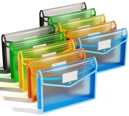 ThinkTex A4 Plastic File Folder, 10 Pcs Document Folder Transparent envelopes with Snap Closure, No Dividers, Large Capacity, Assorted Colors, for School Office Home