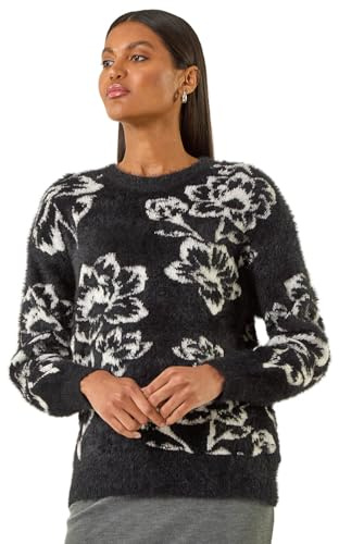 Roman Fluffy Yarn Jumper for Women UK Ladies Thick Sweater Warm Cosy Chunky Knitted Pullover Winter Furry Casual Smart Textured Everyday Cuddly Soft Knitwear - Noir - Size 20