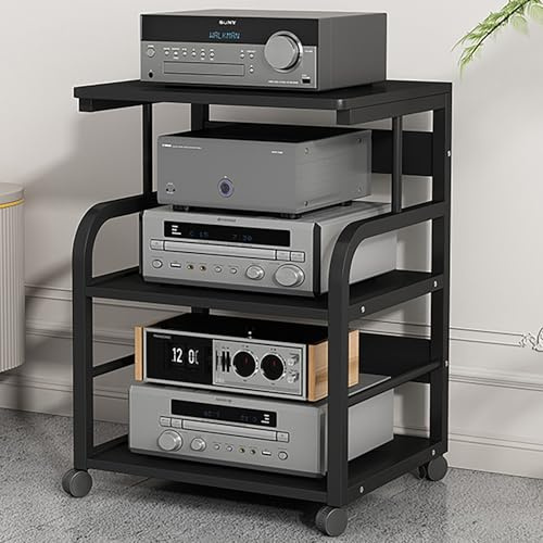 LIGUIEN Hifi Rack, Medienständer-regal, Audio-video-medienständer, Phonoschrank, Schallplatten Regal, Regalboden 3-stufige HiFi-Möbel Mit Rollen für Home Office Kino 50x40x75cm(Black)